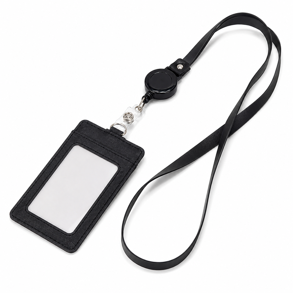 SKY-TOUCH PU Leather Badge Holder with Retractable Clip - Black