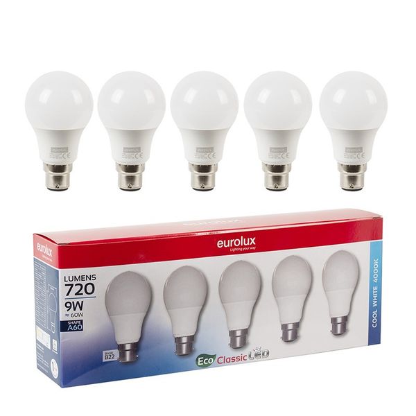 Eurolux - A60 Lamp - B22 - LED 9W - 5 Per Pack - Bulk Pack of 2