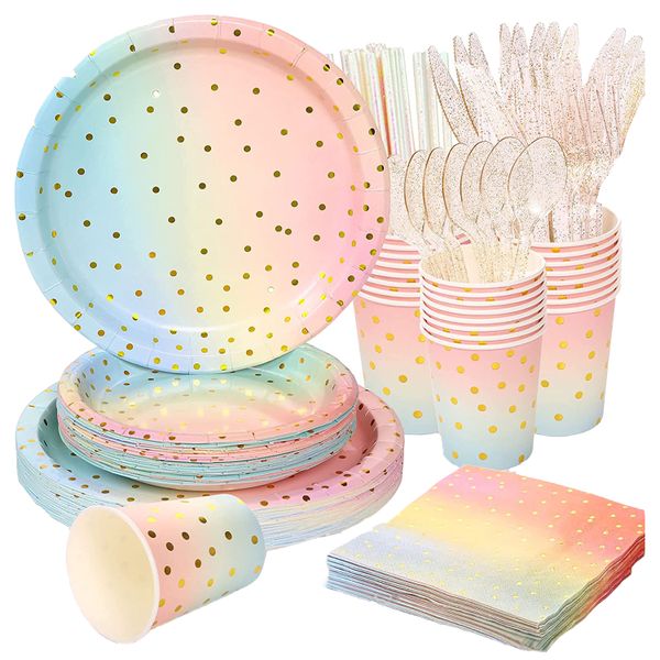 25 Guests Disposable Plates Cutlery Cups Napkins Rainbow Partyware