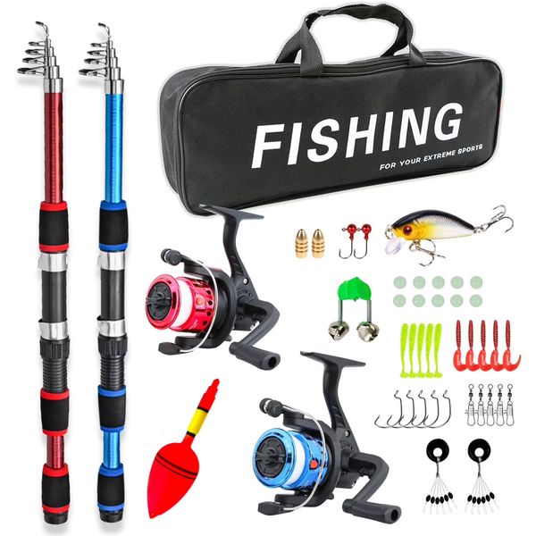 2Pcs 2.1M Fiberglass Telescopic Fishing Rod and Reel Combos Lures Hooks Kit