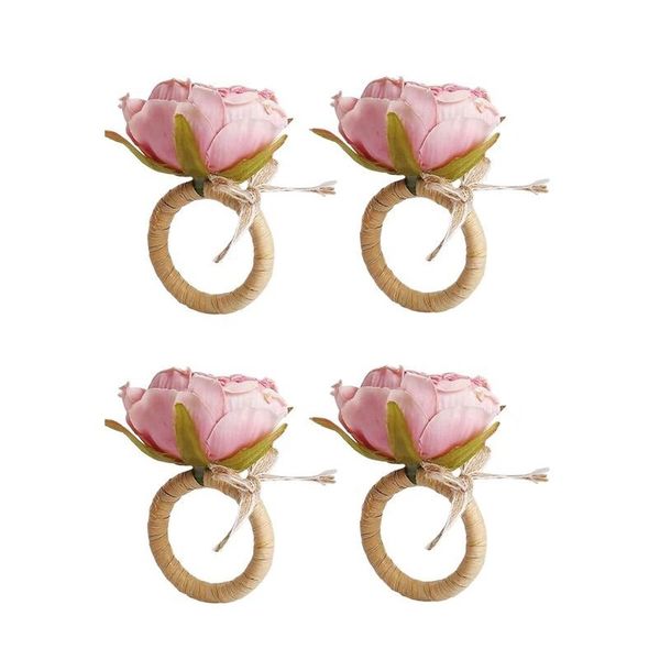 4 Pack Flower Napkin Rings, Pink Peony Tissue Ring