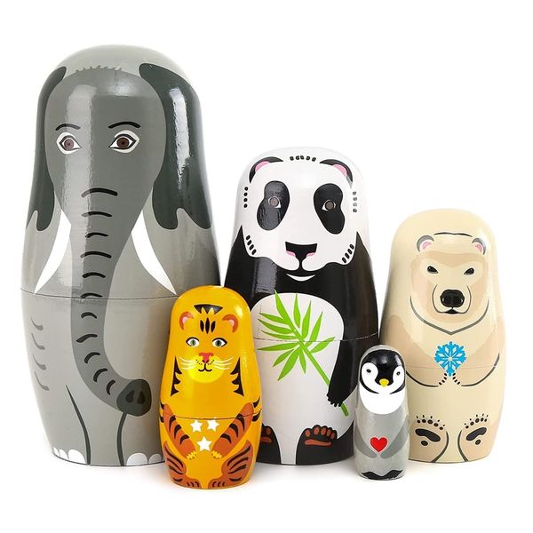 Toy Decor 5 Piece Wooden Handmade Animals Stacking Nest Dolls
