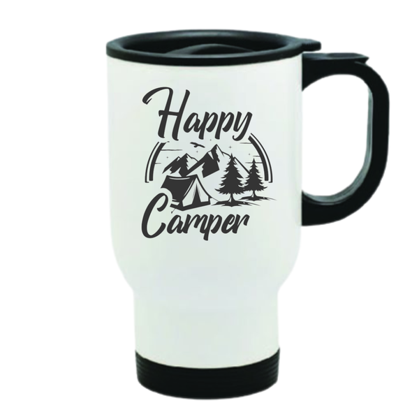 Travel Mug with Happy Camper Mountain Print