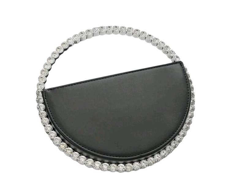 Elegant Semi Circle Black Handbag With Crystal Handle