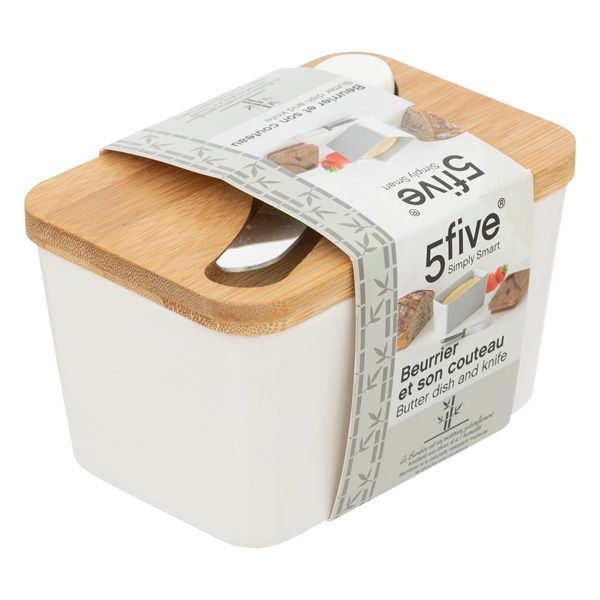 5five White Ceramic Butter Dish with Bamboo Lid and Butter Knife 13.5x9x9.3