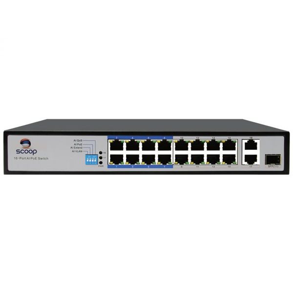 Scoop 16 Port Fast Ethernet AI PoE Switch 2GE/1SFP Uplink