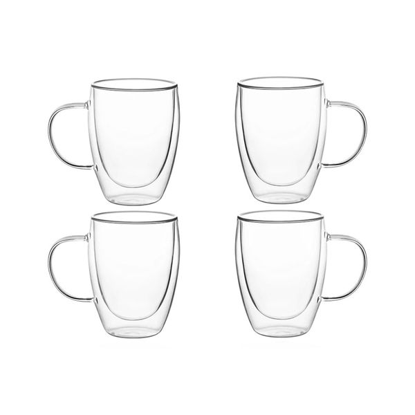 Set of Four 350ml Double Walled Glass Coffee Mugs for Hot/Cold Drink