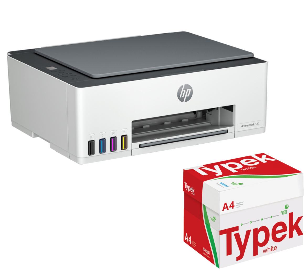 HP Smart Tank 580 All-in-One Printer & Typek A4 Paper 80gsm box of 5 ...