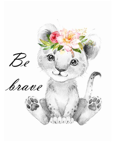 Little Leila - Black and White Lion with Florals - Print - A3