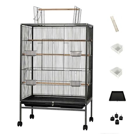 Open Flat Top Wrought Iron Bird Cage with 3 Perches 4 Bowls Rolling Wheels Image