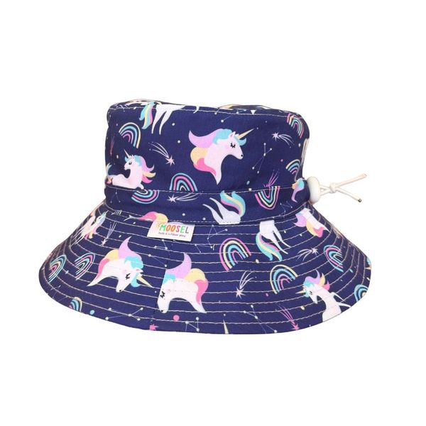 Kids Bucket Sun Hat Navy Unicorns Rainbows