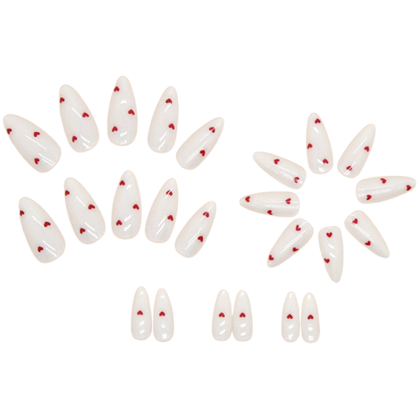 24 Piece Delicate Red Heart Design Almond Shaped Press-On Nails - White/Red