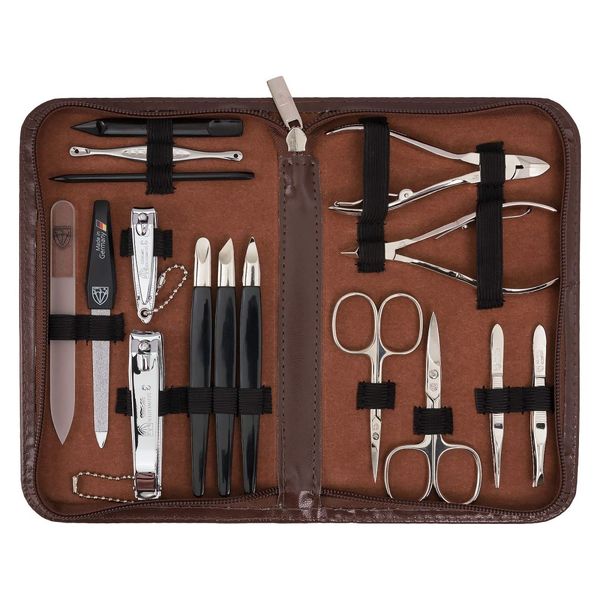 Kellermann 3 Swords Manicure Set: 16 Premium Nail Tools, Brown Case 9205 PN