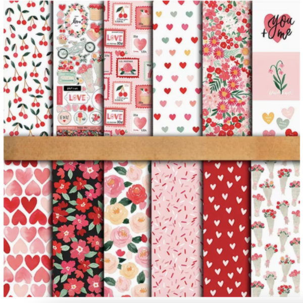 Romantic Floral &amp; Hearts Scrapbook Paper Pack - 12 Sheets (15.2 × 15.2 cm )
