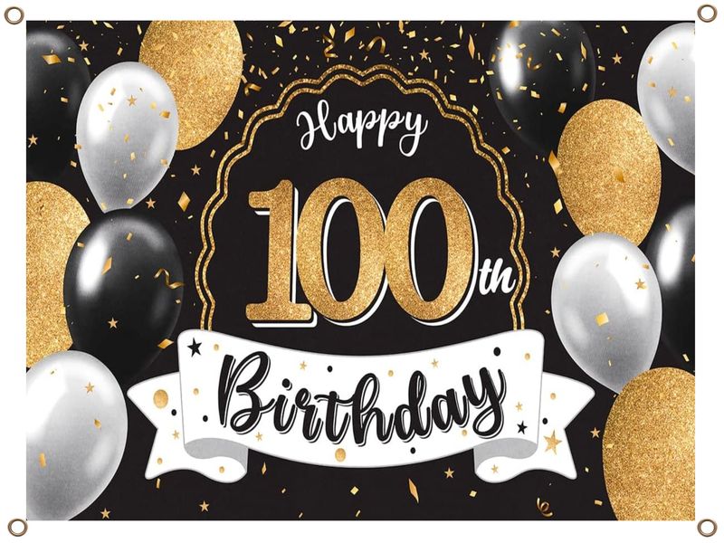 Happy 100th Birthday Banner PVC Gold Silver and Black 1.3MX900MM