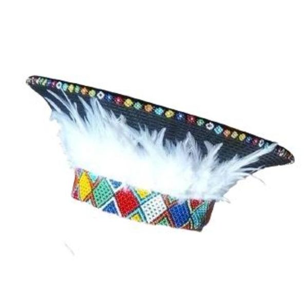 Zulu Isicholo Hat - Black with Multicolour Beads &amp; White Feathers