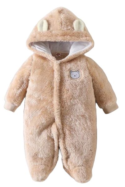 Brown Baby Bear Embroidery Hooded Jumpsuit 3-6 months
