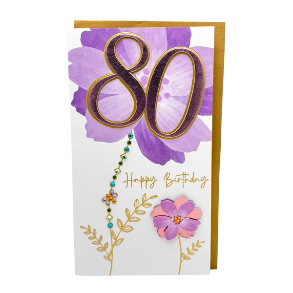 80th Birthday card - Female - lilac flowers