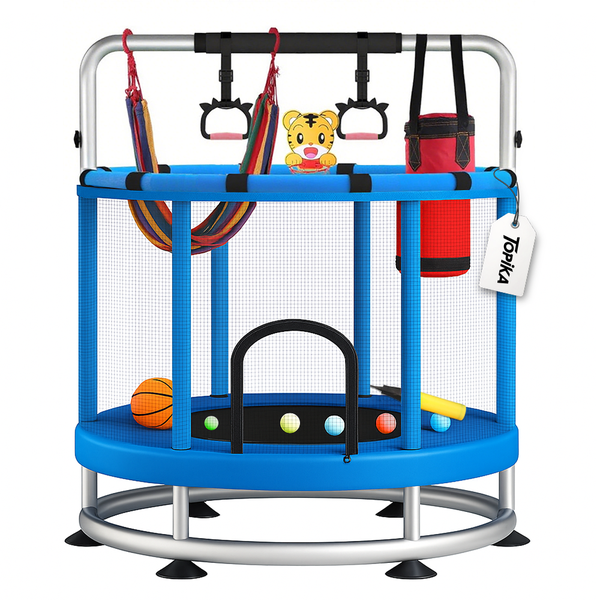 Topika-140cm Trampoline for Kids with Enclosure, Gymnastics Bar &amp; Toy