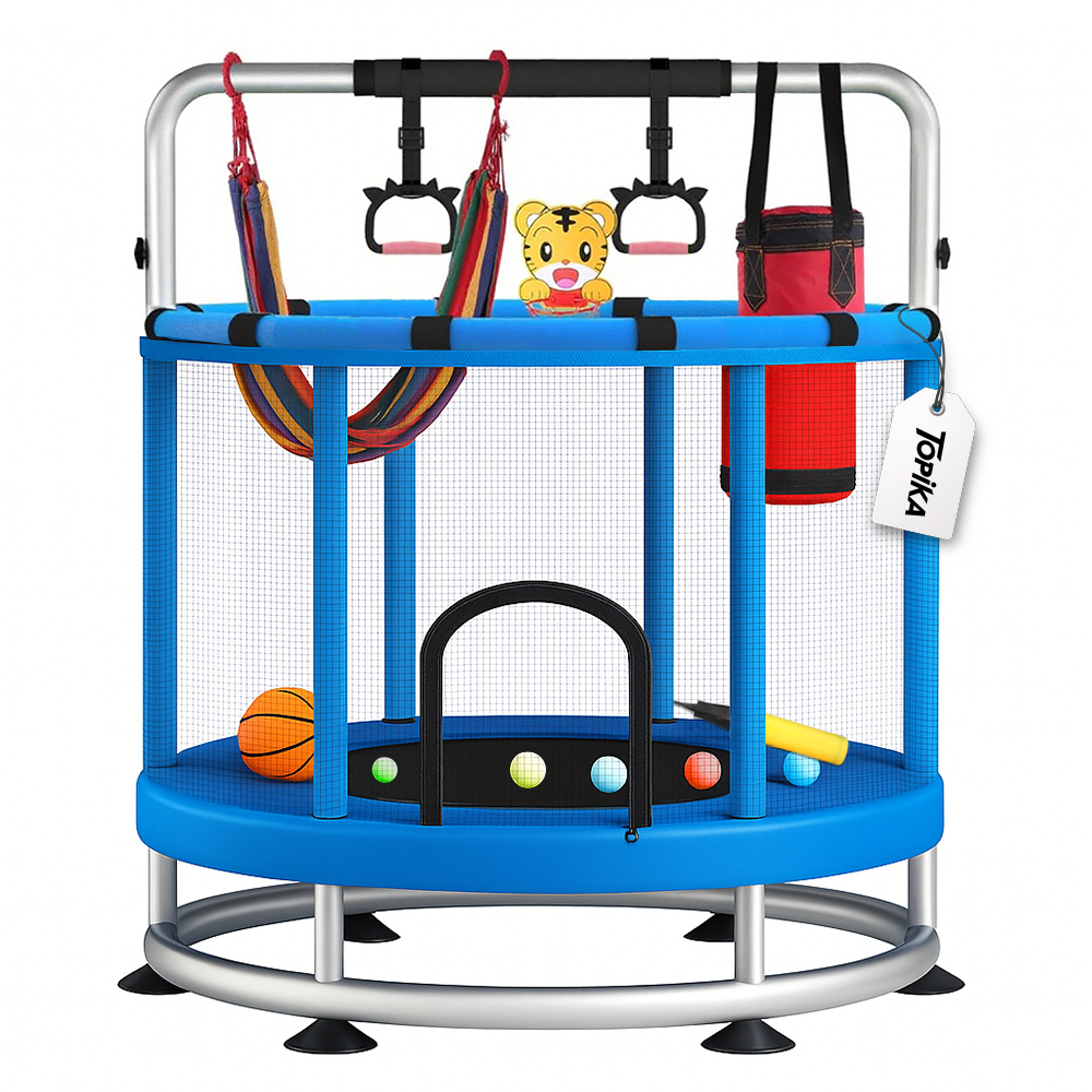 Topika-140cm Trampoline for Kids with Enclosure, Gymnastics Bar & Toy