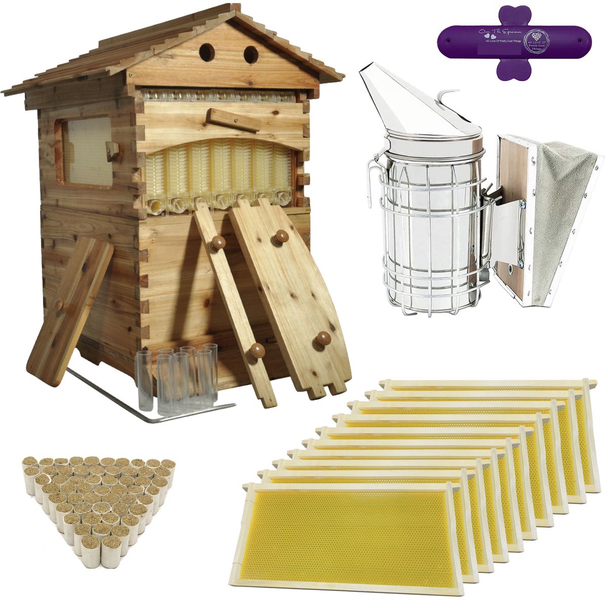 Beeswax Dipped Wooden Auto Flow Beehive House Kit With Smoker & 54