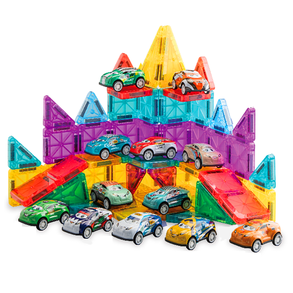 Magnet Building Tiles Set with Toy Racing Cars, Kids 3D STEM Stacking Toys