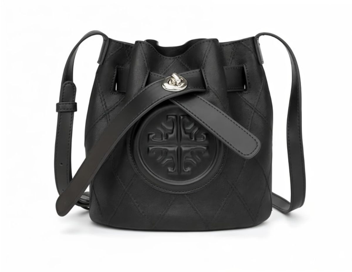 Black Crossbody Bucket Bag with Drawstring Closure 0018