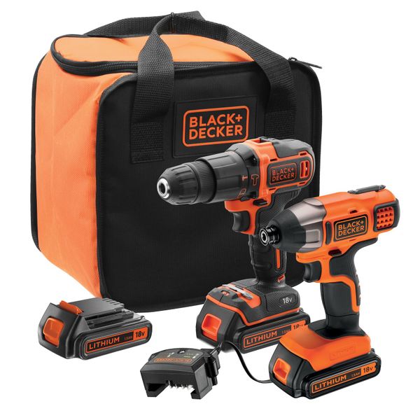 BLACK+DECKER 18V Cordless Hammer Drill + Impact Driver +2 Batteries +BAG