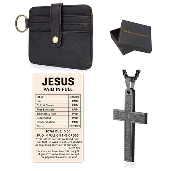 Genuine Leather Card Wallet Holder with CrossChain Necklace Gift Birthday