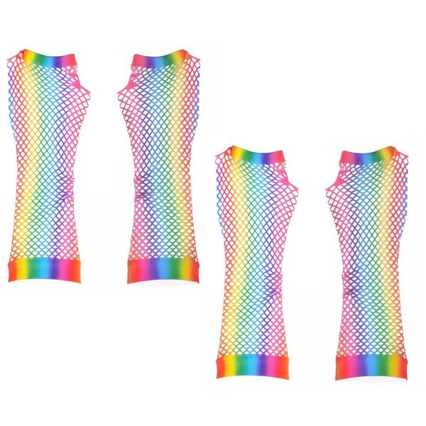 Rainbow Fishnet Mesh Long Fingerless Gloves (Set of 2)