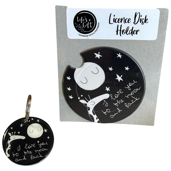Licence Disk Holder &amp; Keyring - Sleepy Giraffe, Moon &amp; Stars
