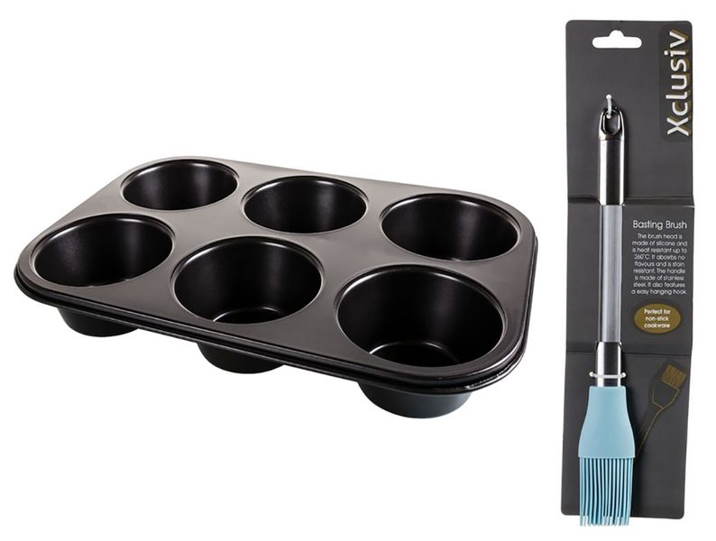 Non Stick Muffin Pan 6 Hole + Pastry Brushes Silicone + Grey Oven Mitt Canvas