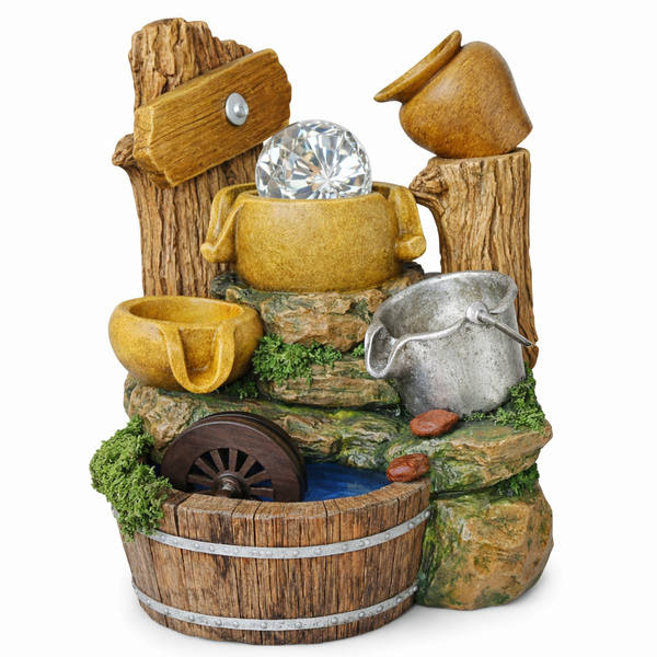 LED Water Fountain Indoor Tabletop Feature - Rustic Watermill Décor