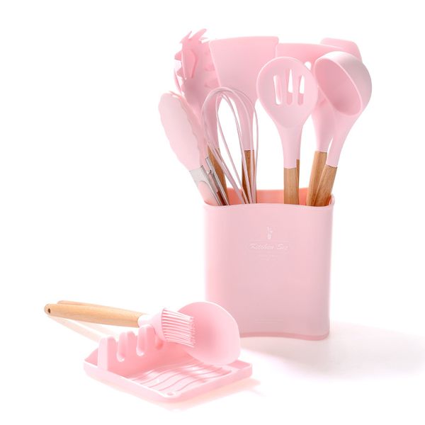 Set Of 13 Silicone Non-Stick Kitchen Cooking Utensils With Holder - Red