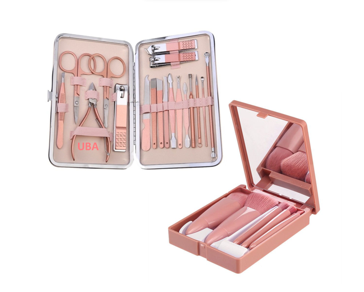 18 Piece Manicure Set-Rose Gold and Mini Travel Makeup Brush Set