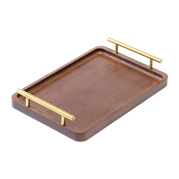 Wooden Rectangular Tray with Brass Handles - Brown
