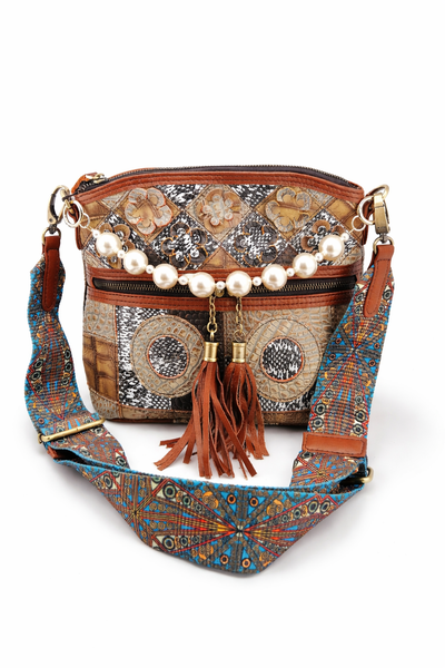 Bohemian Art Genuine Leather Handbag With Pearl Handle