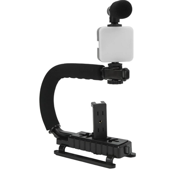 AY-49U Video Kit -Handheld Stabilizer, Mic &amp; LED Fill Light for Phones/Cams