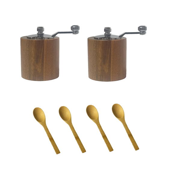 Wood Spice Grinder With 4 Wooden Condiment Spoons - Set of 2