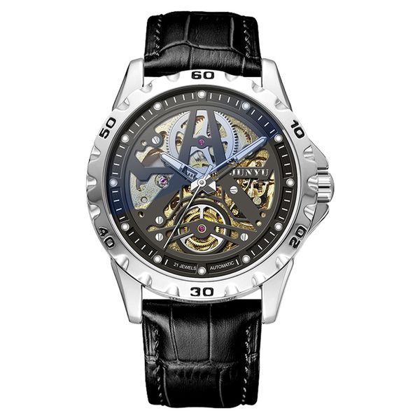 Luminous Mechanical Watch Men Leisure Formal Belt Wristwatch -Sliver Black