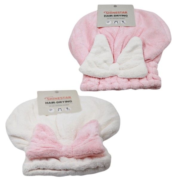Shinestar Pink &amp; White Microfibre Hair-Drying Cap With Bow Set of 2