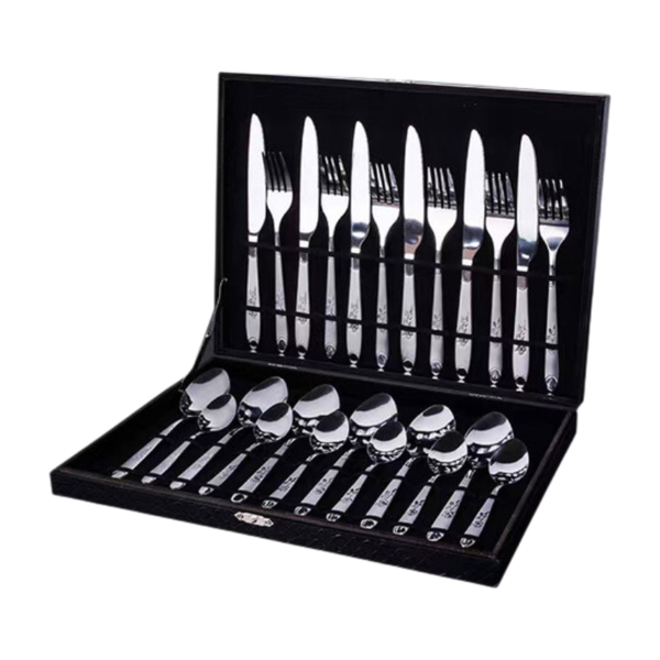 24 Pieces Cutlery Set in Black Wooden Casing Flower Handle
