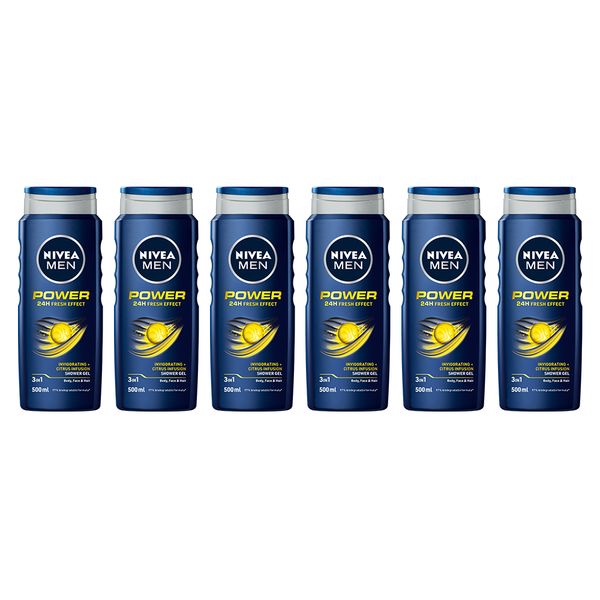 NIVEA MEN 3in1 Power Shower Gel Body Wash with Citrus Infusion, 6x500ml