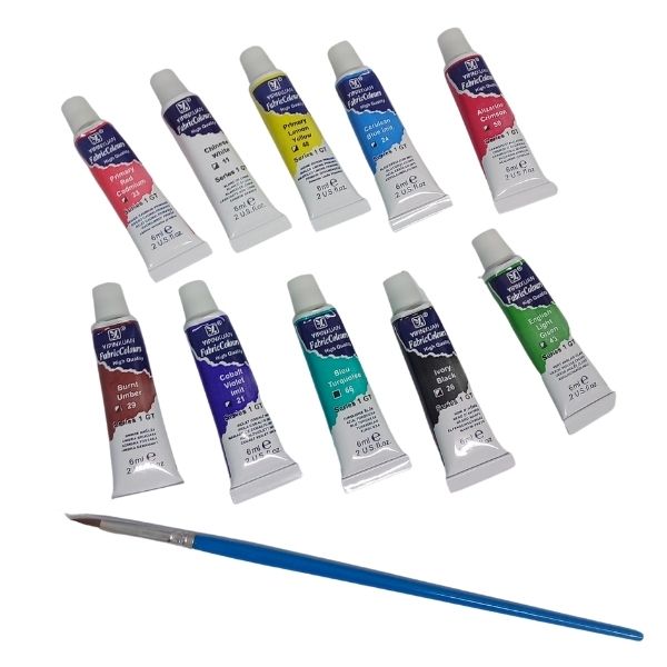 SourceDirect - Fabric Paint - 10 Colours and A Paint Brush (6ml Per Tube)