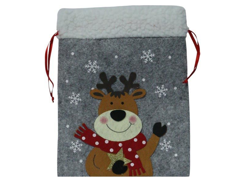 Grey Felt Xmas Gift Bag with Reindeer - 205x20x260mm with Snowflakes