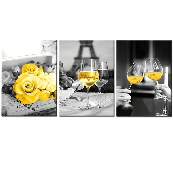 Canvas-Art- Pieces Black &amp; Yellow Wine Glass &amp; Flowers Kitchen Wall Art
