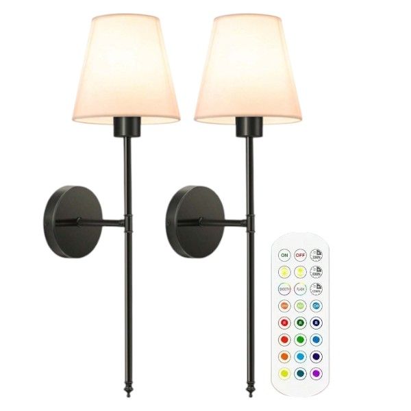 2 Piece - Battery-Operated Wall-Mounted Lamps With Remote - Black