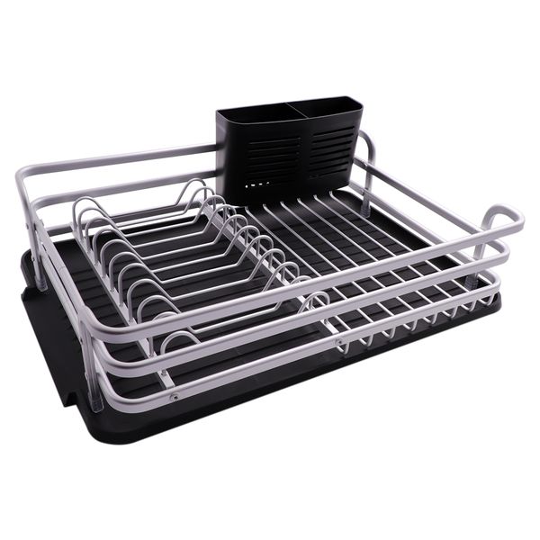 Dish Rack Silver Aluminium with Black Plastic Utensil Holder &amp; Tray, (440x315x115mm)