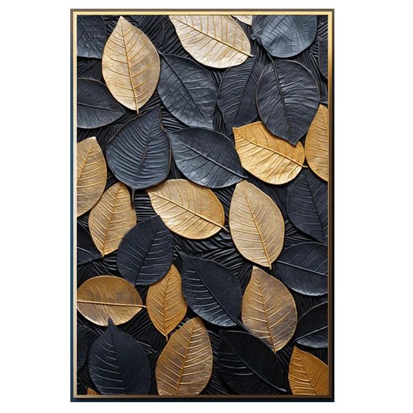 Black, Gold Leaves Cotton Canvas cm Abstract Wall Art