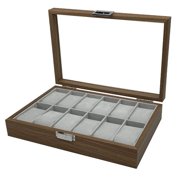 Portable 12 Slots Wooden Watches Storage Organizer with Glass Lid